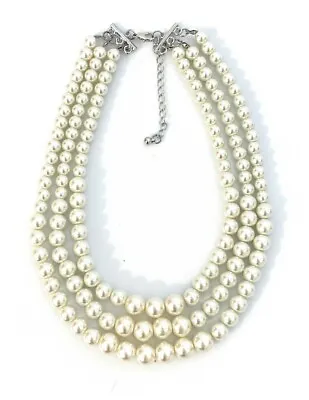 Womans Faux Pearl 3 Layer Multi Strand Gatsby Necklace Statement Bib Vintage UK • £6.99