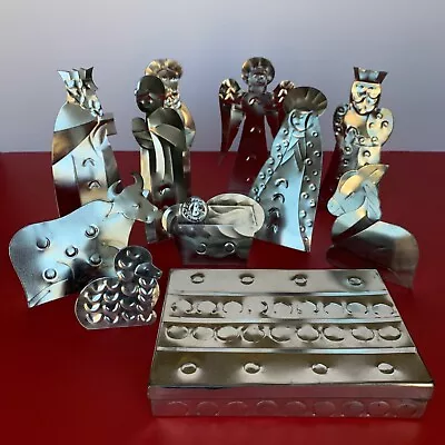 10 Piece Vintage Mexican Folk Art Punched Tin Christmas Nativity Set W/ Box • $29