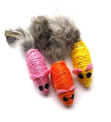 Sisal Mouse Cat Toy- Real Rabbit Fur Tail- 3pk • $7.99