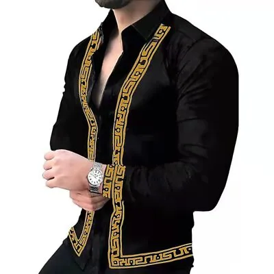 Button Up Shirt Black Gold Yellow Trim Solid Long Sleeve Casual Men Dress Party • $29.86