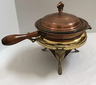 Vintage Copper Chaffing Dish Food Warmer With Stand Sterno Holder Glass Insert • $26.40