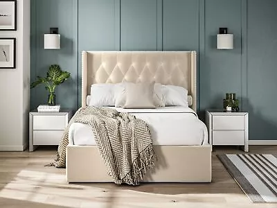 Double Bed Fabric Bedframe Ottoman  - Beige - Linen • £554.40