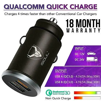 QC 3.0 Fast Car Charger USB Dual Socket Universal Charging Cars LED 12V-24V • £7.45