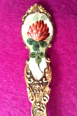 RARE! Enamel Red Clover Rutland Vermont Gold Wash 5.3  Sterling Souvenir Spoon • $27