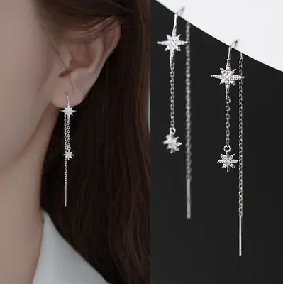 $14.95 • Buy 925 Sterling Silver Snowflake Star CZ Dangle Pull Through Threader Earrings PE48