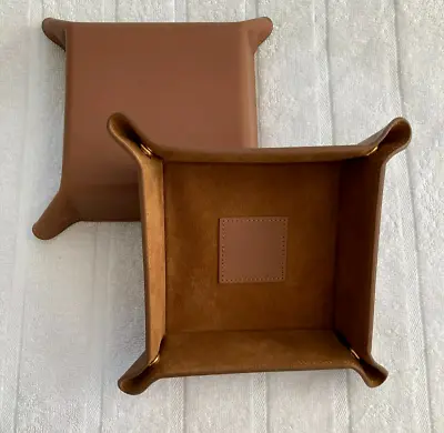 Genuine Brown Leather Suede Valet Jewelry Catchall Tray Collapsible IMPERFECT • $9.95