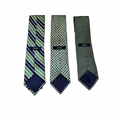 Izod Pure Silk Tie Lot 3 Mens Classic Green Geometric Designer • $6.49