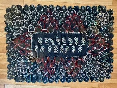 $65 • Buy Super Primitive Vintage Antique Folky Cat’s Tongue Wool Penny Rug Farmhouse
