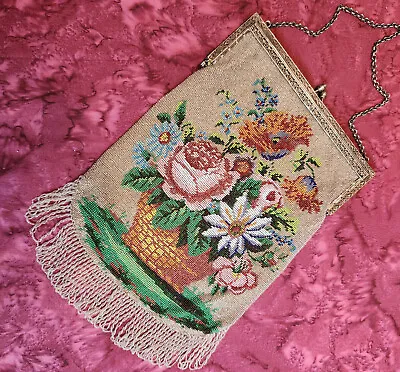 Antique Micro Beaded Purse C1912 Germany Flower Basket Victorian Handbag Vtg • $225