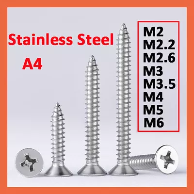 A4 Marine Grade Stainless Steel Countersunk Self Tapping Wood Screws M2 - M6 • £1.50