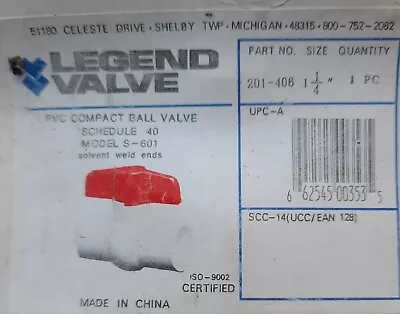 Legend 1 1/4  PVC Ball Valve 201-406  Slip Fit      Same Day FAST Ship • $11