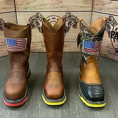 Men's Steel Toe Work Boots American Flag Style Soft Leather Inside Shaft Safety  • $99.99