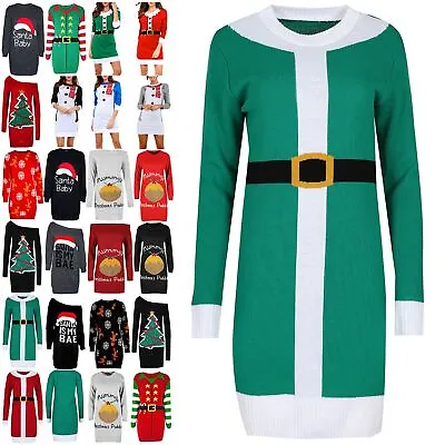 Womens Ladies Crew Neck Oversize Baggy Santa Costume Knit Christmas Mini Dress • £13.69