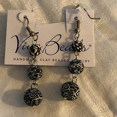 Viva Beads Black Lace Bead Earrings Polymer Clay Beads 2” Dangle • $20