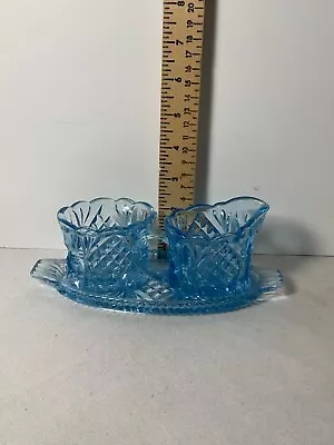 Westmoreland Blue Glass Cream And Sugar With Tray Chips To Sugar Bowl • $15