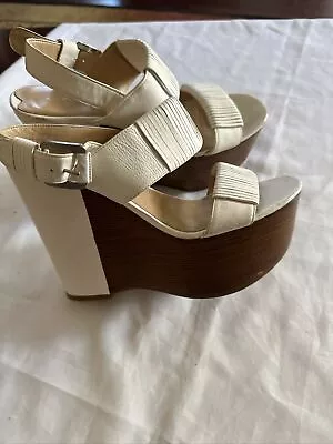 Womens Via Spiga White Leather Slingback High Wedges Sandal Size 8.5 US 39.5 EU • $15