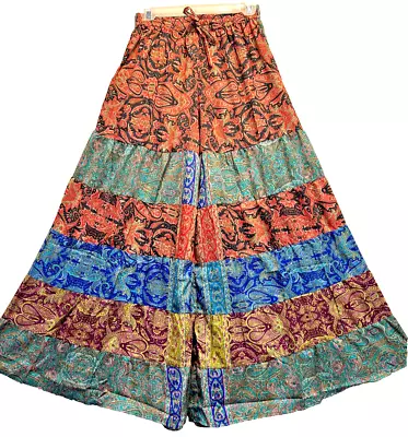 Nwt SACRED THREADS Boho Hippy Gypsy Poly Satin Wide Leg Tiered PANTS M Free Ship • $41.95