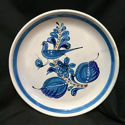 Vintage Mexico Pottery Platter Deep Plate 13.75  Round Blue Bird Signed Folk Art • $49.99