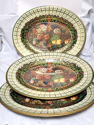 VTG Daher Decorated Ware Tin Tray Fruits & Florals Green Gold White Lot Of 3 • $26