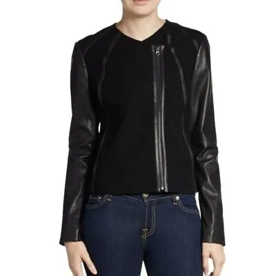 VINCE Black L Soft Leather Contrast Mixed Media Point Black Moto Jacket  $795 XS • $63.74