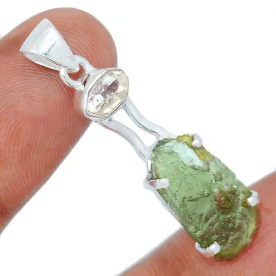 Natural Genuine Czech Moldavite & Herkimer Diamond XGB Silver Pendant CP15824 • $39.99