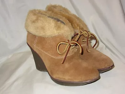 B. Makowsky Tan Suede Faux Fur Lace Up Wedge Ankle Bootie~7-7.5 W • $25.99