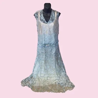 GLAMOUROUS 1930's 3 Piece Blue Lace Ballet Pink Rhinestone Belted Wedding Dress  • $125