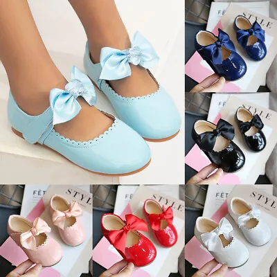 Spanish Bow Shoes Baby Girls Mary Jane Shiny Wedding Party Patent Flat Shoes Uk • £8.54