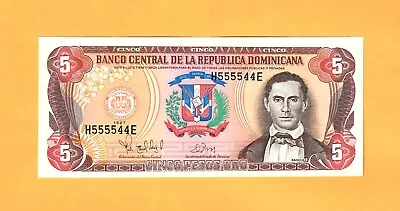 DOMINICAN REPUBLIC-5 PESOS ORO-1997-FANCY SERIAL NUMBER 555544-PICK 152b  UNC . • $10.99