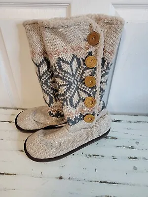 MUK LUKS A La Mode Womens Beige Wood Buttons Size 9 Winter Boot Sweater Slippers • $22