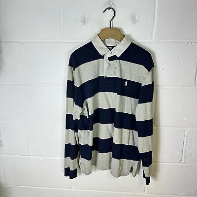 Vintage Ralph Lauren Polo Shirt Mens Large Grey Blue Rugby Pony Colourblock 90s • £38.95