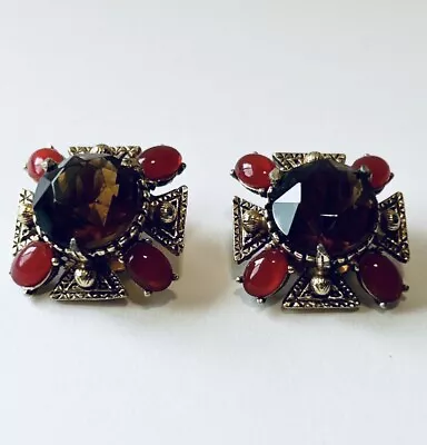 VTG Florenza Carmel Rhinestone & Burgundy Cabochon Maltese Cross Clip Earrings • $45