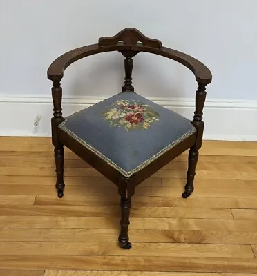 Beautiful  Antique Mahogany Corner Chair Cast Wheels Needlepoint Seat • $55.24