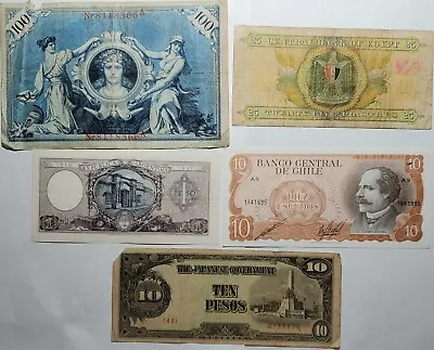 Mixed Lot Of 5 World Paper Money Chile Argentina Egypt Japan Germany • $15