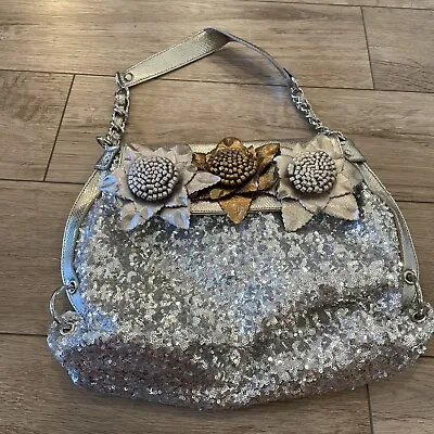 Original By Sharif 1827 Silver Sequin Leather Rose Handbag Chain Shoulder Bag • $29.95