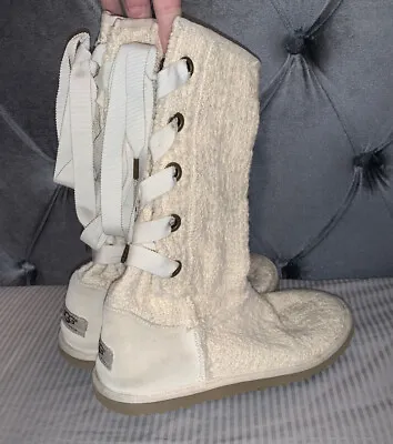 UGG Australia Womens Heirloom Boots Ivory Knit Mid Calf Ribbon Lace Up Size 5 • $49.99