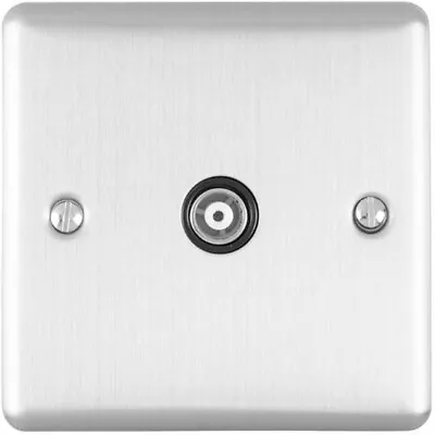 SATIN STEEL Single Aerial Satellite Coaxial Socket Female Wall Plate Black Trim • £13.99