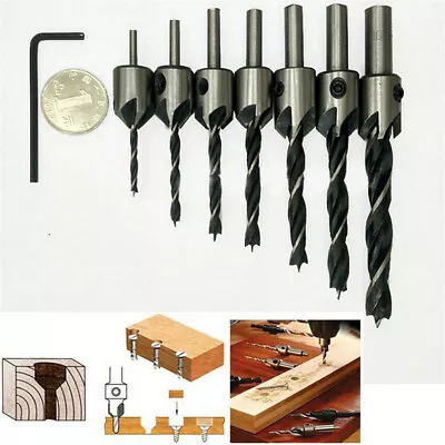 7Pcs Wood 5 Flute HSS Countersink Drill Bit Set 3 4 5 6 7 8 10mm Carpentry Tool • £5.17