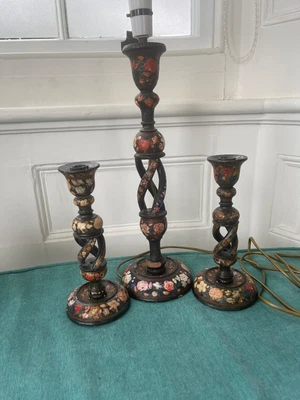 £70 • Buy Antique Kashmiri Indian Papier-mache - Lamp And 2 Candlesticks