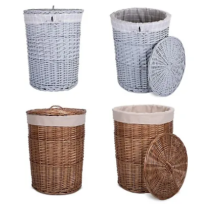 Wickerfield Large Round Wicker Lidded Laundry Clothing Basket With Lining • £29.99