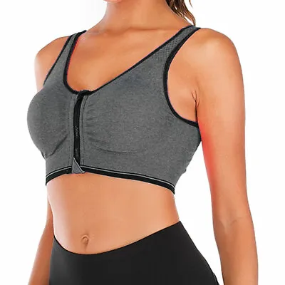 Women Wireless Padded Sports Bra Front Zip Yoga Cami Push Up Vest Support Top • £5.27