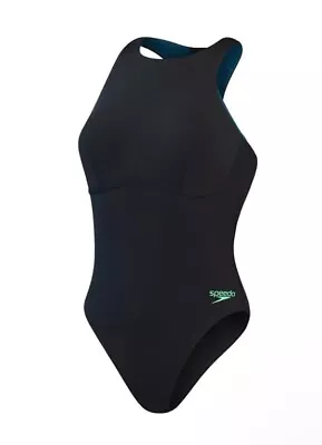 Speedo Womens Racer Zip Swimsuit With Integrated Swim Bra - Black/Green Size 10 • £29.99