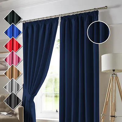 Pencil Pleat Curtains Thermal Blackout Curtain Panel Energy Saving + 2 Tie Backs • £21.83