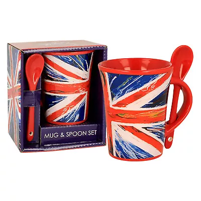 200ml Ceramic Coffee Tea Mug & Spoon Set London Spin Painting Union Jack Latte • £9.50