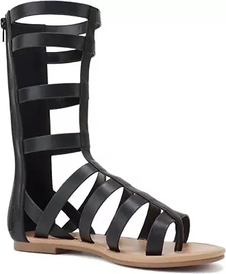 Soda Shoes Open Toe Hallow Gladiator Mid Calf Knee High Boot Sandals Moxie Black • $27.99