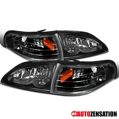 Fit 1994-1998 Ford Mustang Black Headlights+Corner Signal Lamps Left+Right 94-98 • $85.99
