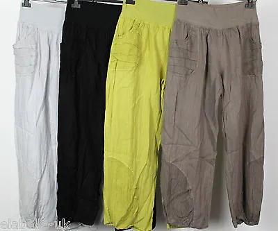 New Ladies Italian Lagenlook 2 Pocket Boho Linen Harem Baggy Plain Trousers • £21.99