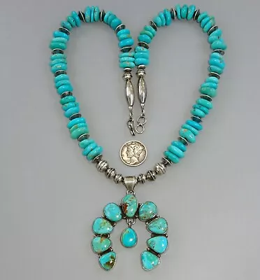 Navajo Squash Blossom Necklace KINGMAN Turquoise NAJA CLUSTER Pendant ~20  +Drop • $270