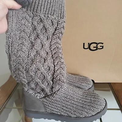 New Womens Size 7 Grey Ugg Classic Cardi Cabled Knit Tall Boots 1146010 $160 • $93.46