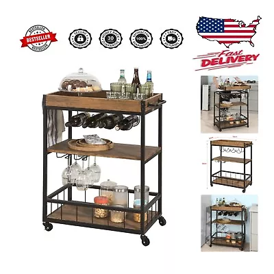 Elegant Industrial Vintage Bar Serving Cart: Stylish Design Wine And Glass Rack • $111.98